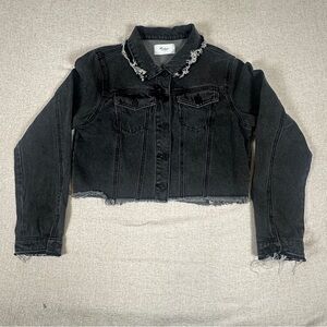 KanCan Womens Distressed Black Denim Jacket Cropped Button Front